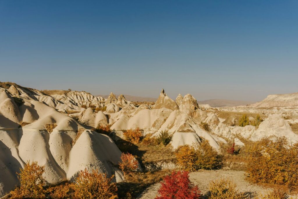 Autumn landscape in Cappadocia valleys with fairy chimneys