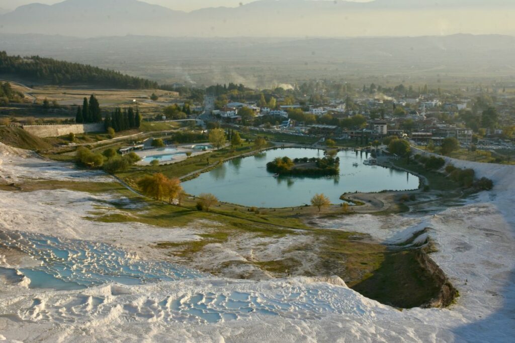 Pamukkale scenrey from the top of travertines