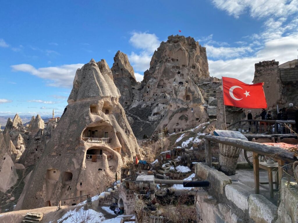 Snow covered fairy chimneys in Cappadocia during winter