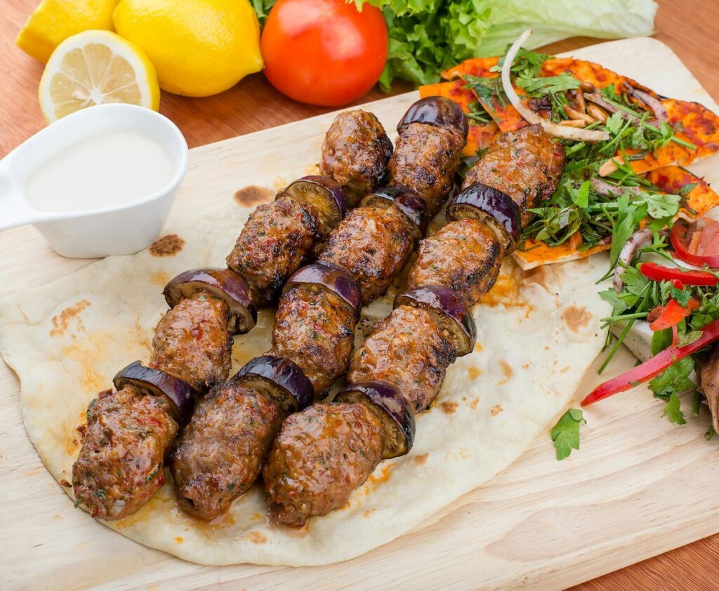 Traditional Turkish food including kebab and meze dishes