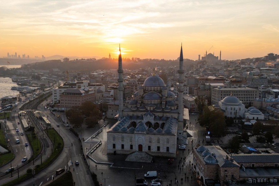 Aerial view of Istanbul skyline with the Bosphorus and historic mosques at sunset