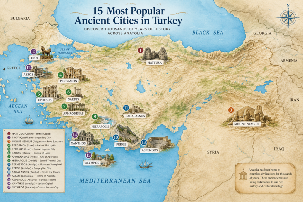 Illustrated map of the most popular ancient cities in Turkey including Ephesus, Troy, Pergamon, Hattusa and Mount Nemrut