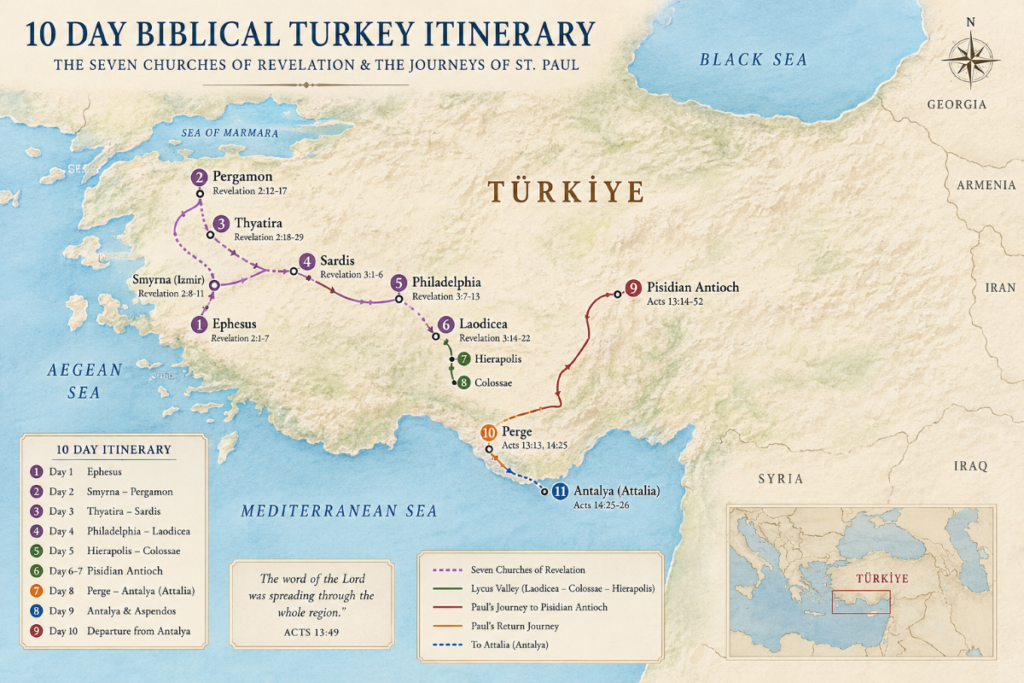 Map of the 10 Day Biblical Turkey itinerary featuring the Seven Churches of Revelation and the journeys of St. Paul