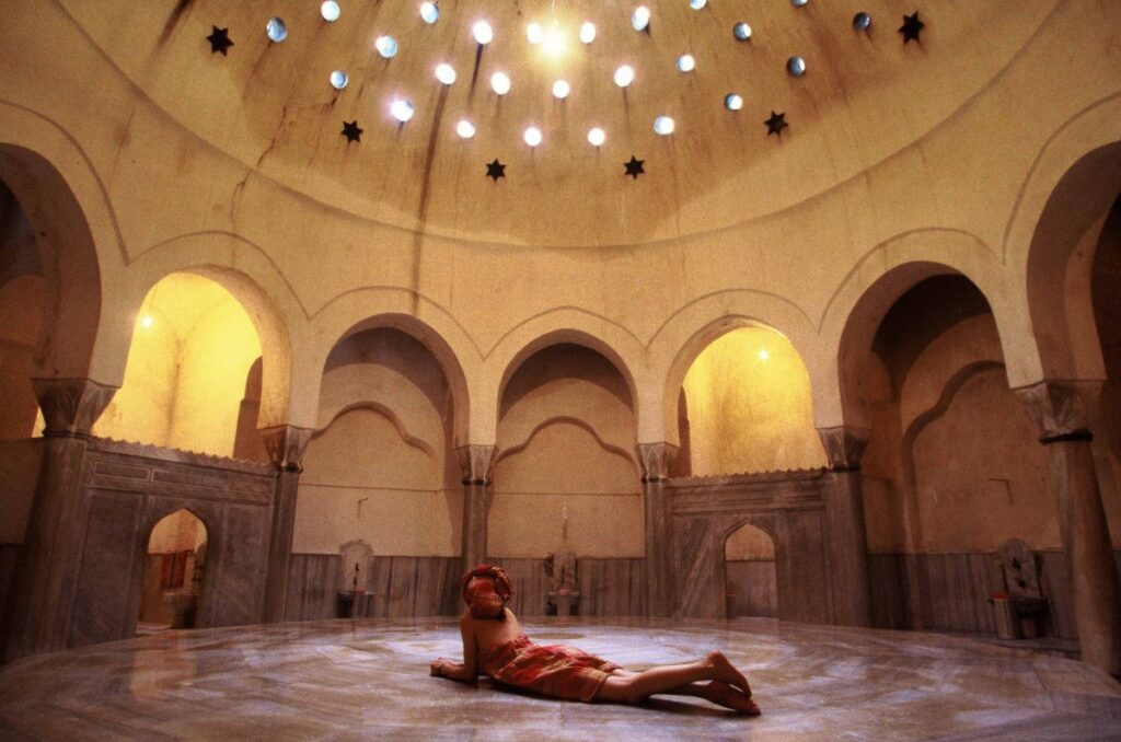 Interior dome and marble platform inside Cemberlitas Hammam Istanbul