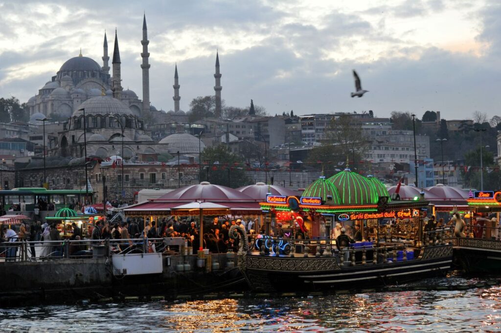Traditional Turkish street food culture in Istanbul including eminonu fish in bread  and local street vendors
