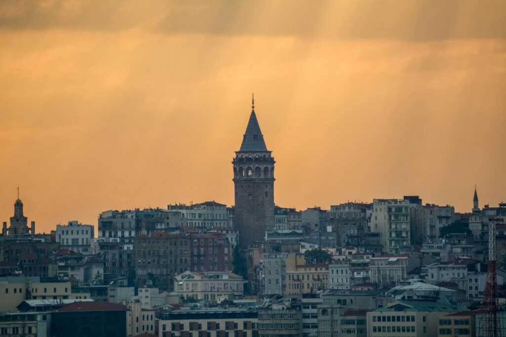 Rooftop sunset view over Galata and the Bosphorus in Istanbul