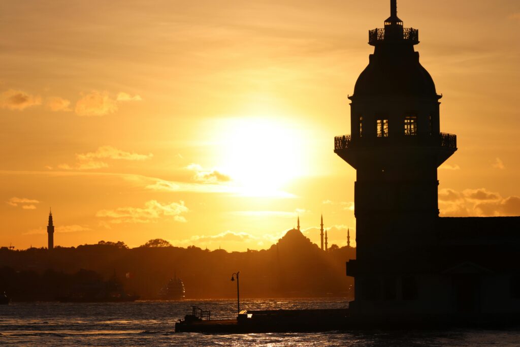 Maiden’s Tower during sunset on the Bosphorus in Istanbul