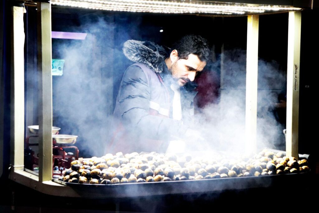 One of the Turkish street food is roasted chestnuts sold on the streets of Istanbul during winter
