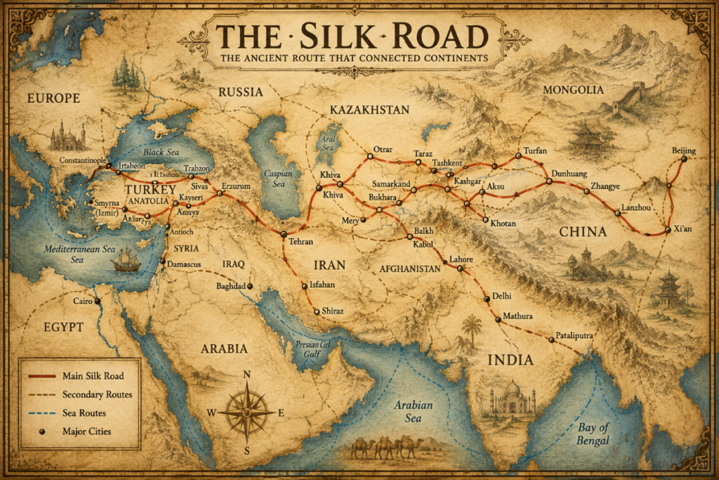 Map of the Silk Road connecting China, Central Asia, Anatolia, and Europe