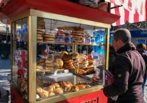 Fresh simit sold near Istanbul ferry terminals during the morning rush