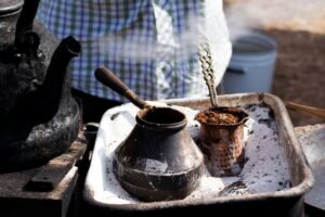 Traditional Turkish coffee culture with coffee, Turkish delight, and water served in Istanbul