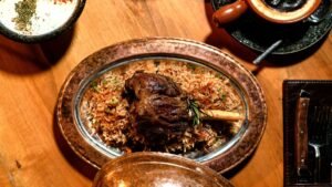 Traditional Ottoman cuisine with lamb rice and dried fruits