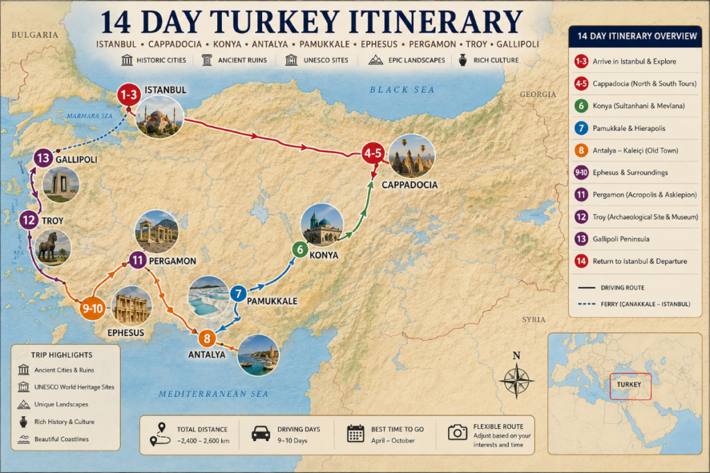 Map of a 14 day Turkey itinerary including Istanbul, Cappadocia, Konya, Antalya, Pamukkale, Ephesus, Pergamon, Troy, and Gallipoli