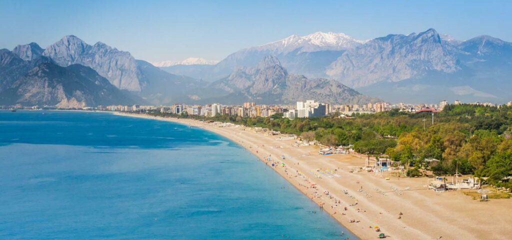 Luxury beach resorts and sandy coastline in Belek and Lara near Antalya
