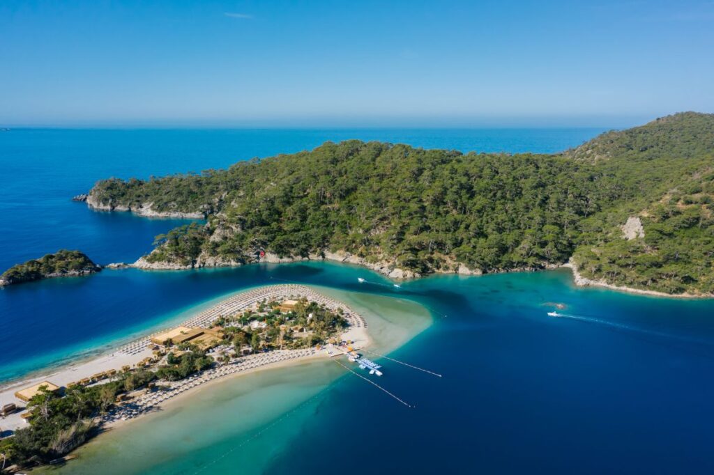 Aerial view of Oludeniz Blue Lagoon and turquoise coastline near Fethiye
