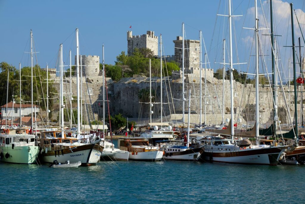 Bodrum Peninsula with luxury resorts, marinas, beaches, and gulet cruises