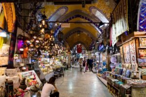Colorful shops inside the Grand Bazaar in Istanbul Turkey. It is one of the very famous Turkish Bazaars.