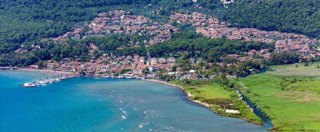 Akyaka town and Gokova Bay with kitesurfing and riverside restaurants