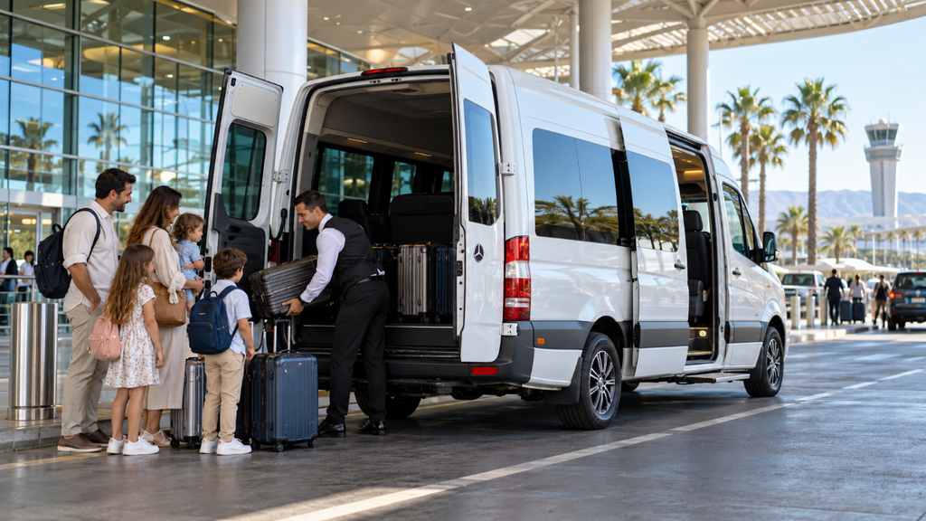 A driver loads luggage into a white Sprinter minibus as a family arrives at the airport.