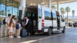 A driver loads luggage into a white Sprinter minibus as a family arrives at the airport.