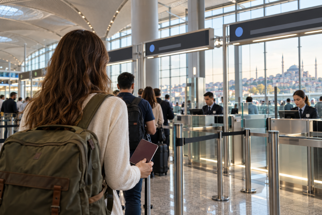Passport control at an international airport in Turkey