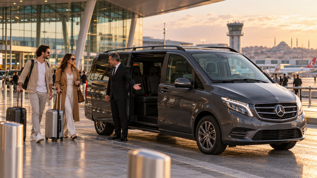 A driver welcomes two travelers beside a dark Vito passenger van at an airport arrivals curb.