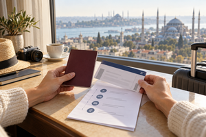 Travel documents and passport for a trip to Turkey